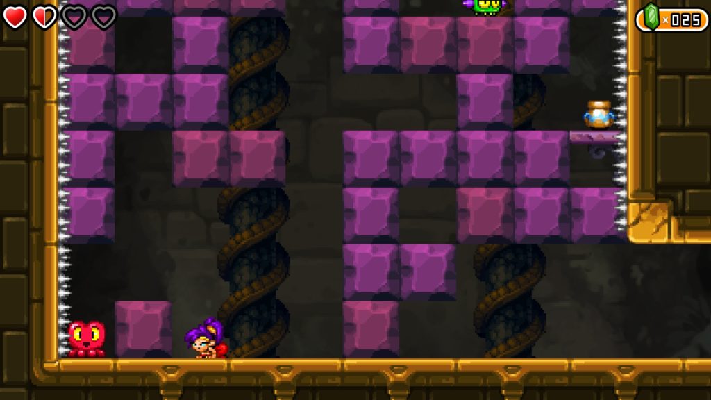 A heart squid bobs happily in a corner while Shantae is annoyed.